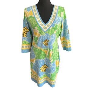 Vintage BARBARA GERWIT 3/4 Sleeve Tunic Dress V-Neck Floral Blue Womens MEDIUM